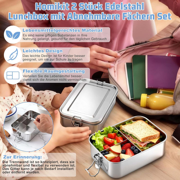 Homikit Brotdose mit Fächern 2er Set, 850ml Edelstahl Lunchbox Bento Box Erwachsene, Auslaufsicher M