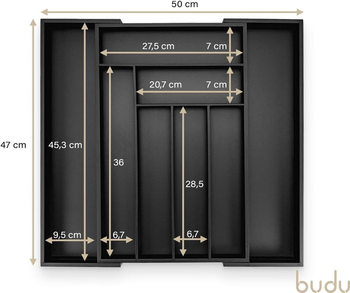 budu Besteckkasten #47 (Tiefe 47cm) aus Bambus - Schwarz - Schubladen Ordnungssystem für die Küche -