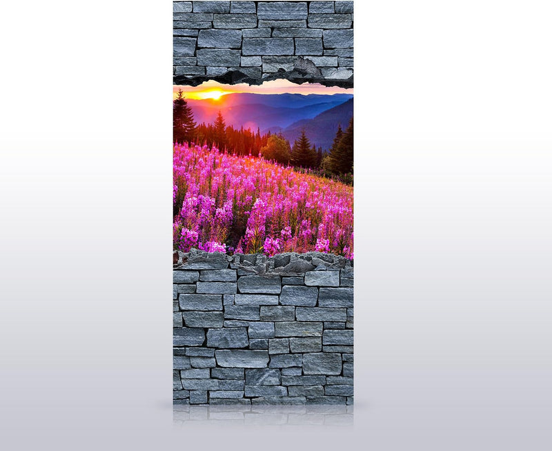 wandmotiv24 Türtapete 3D Herbst in den Bergen - grobe Steinmauer 90 x 200cm (B x H) - Dekorfolie sel