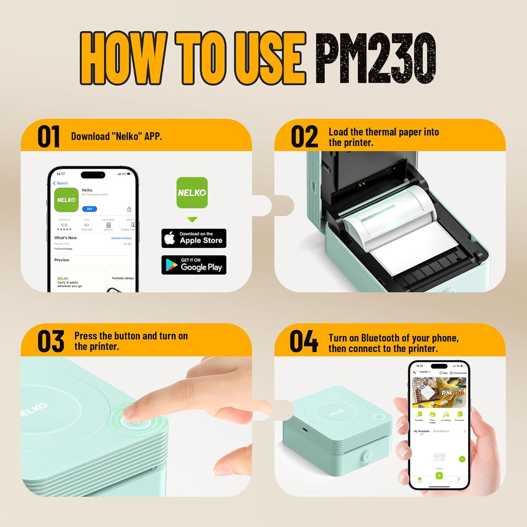 Nelko Aufkleber Drucker, PM230 Mini Drucker Bluetooth Portabel Sticker Maker mit 3 Rollen Papier, fü
