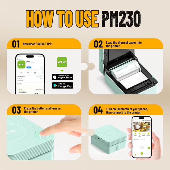 Nelko Aufkleber Drucker, PM230 Mini Drucker Bluetooth Portabel Sticker Maker mit 3 Rollen Papier, fü