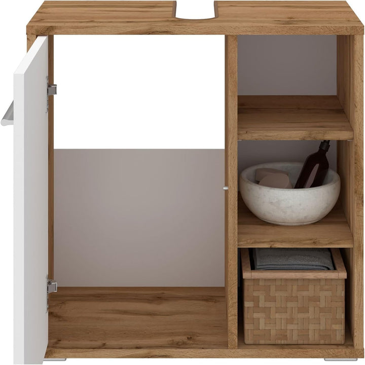Waschbeckenunterschrank ORNA Wotan Eiche/weiss mit 1 Tür und 3 offenen Fächern, Waschbeckenschrank a