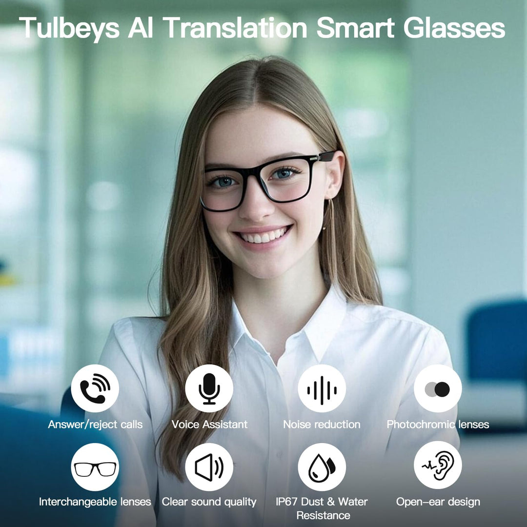 Bluetooth AI Smart Brille mit 160+ Sprachen, Farbwechsel-Linsen, Integriertem Lautsprecher & Klarer