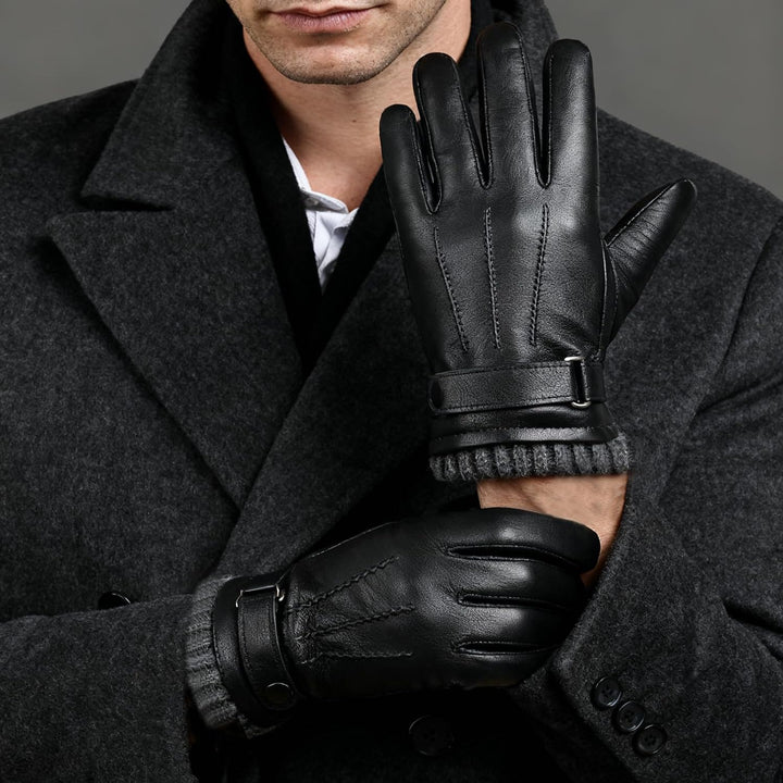 HEYANN Herren Winter Echtes Schaffell Leder warme Schwarze Handschuhe Kaschmir Futter Winddicht Kält