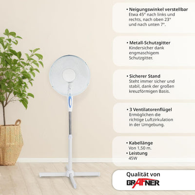 Grafner XXL Standventilator mit Oszillation, Ø41 cm, 3 Geschwindigkeitsstufen, höhenverstellbar, lei