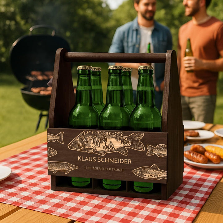 Murrano Bierträger für 6 Flaschen 0,5L mit Gravur - Männerhandtasche mit Flaschenöffner - Grösse: 25
