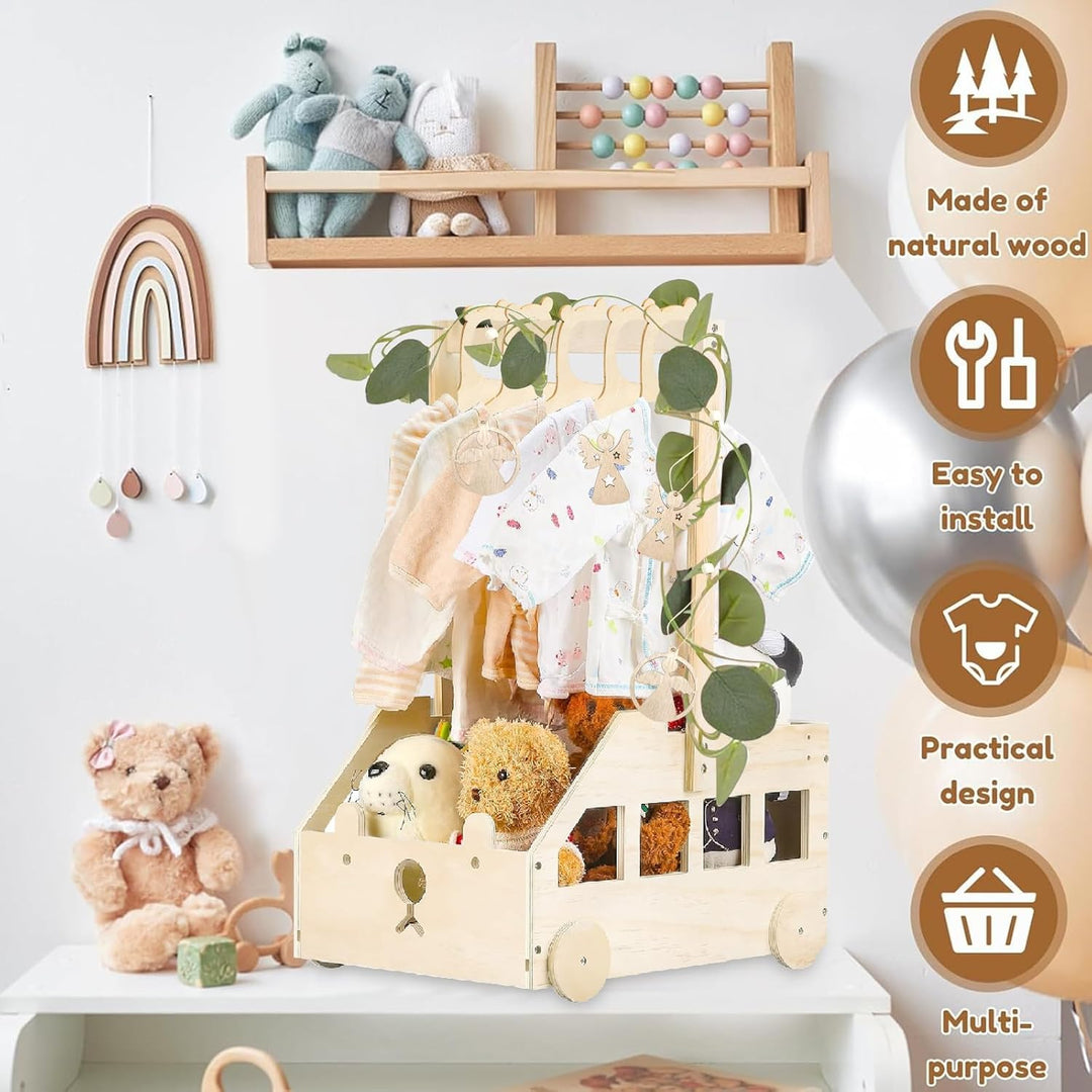 Babyparty Geschenk mit Holz Babykorb auf Rädern | Praktischer Baby Schrank mit Griff & 5 Regenbogen