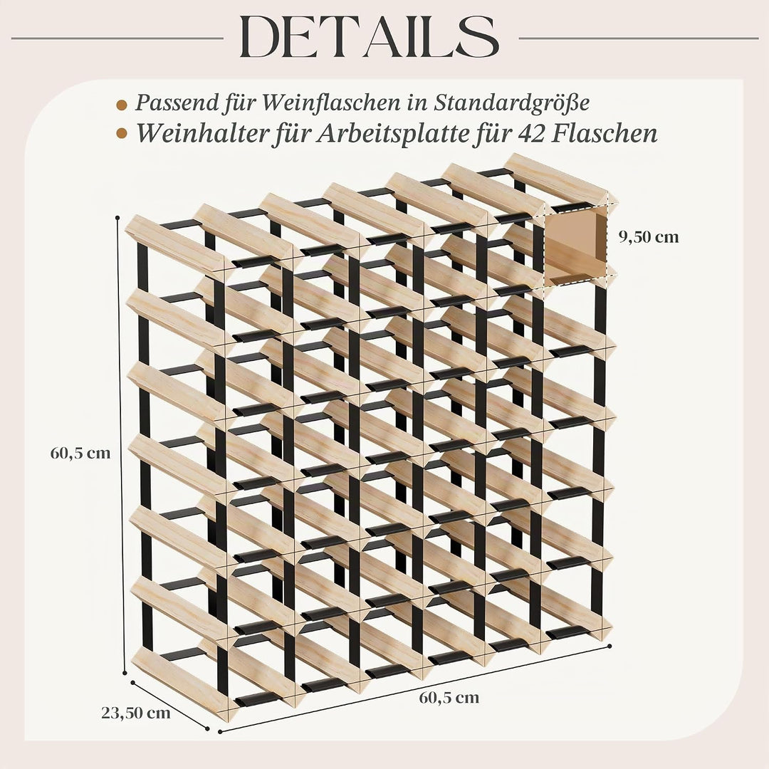 Urban Deco Weinregal Holz für 42 Flaschen, Stabiles Flaschenregal, 60.5 x 23.6 x 60.5 cm, Weinflasch