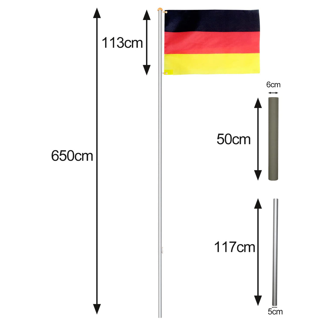 Jiubiaz Fahnenmast Aluminium Teleskop 6,50m, Fahnenstange Bodenhülse 50cm, inkl Deutschlandfahne, Hö