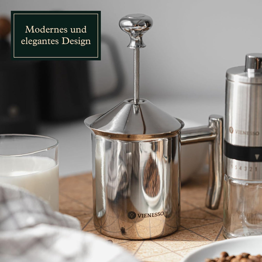 VIENESSO Hand Milchaufschäumer manuell aus Edelstahl mit Doppel-Mesh-Sieb I Milchschäumer für cremig