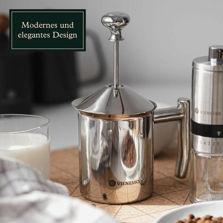 VIENESSO Hand Milchaufschäumer manuell aus Edelstahl mit Doppel-Mesh-Sieb I Milchschäumer für cremig