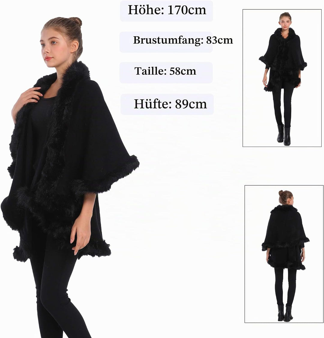 ZLYC Damen Winter Kunstpelz Poncho Strick Schal Stola Warm Cape Cardigan Schwarz, Schwarz