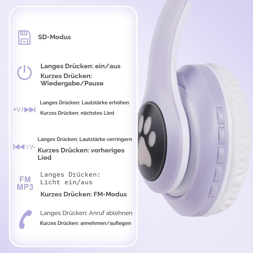 AXFEE Kinderkopfhörer Bluetooth, Katzenohr Over-Ear mit LED-Licht, Faltbar, Stereo, Kabellos mit Mik