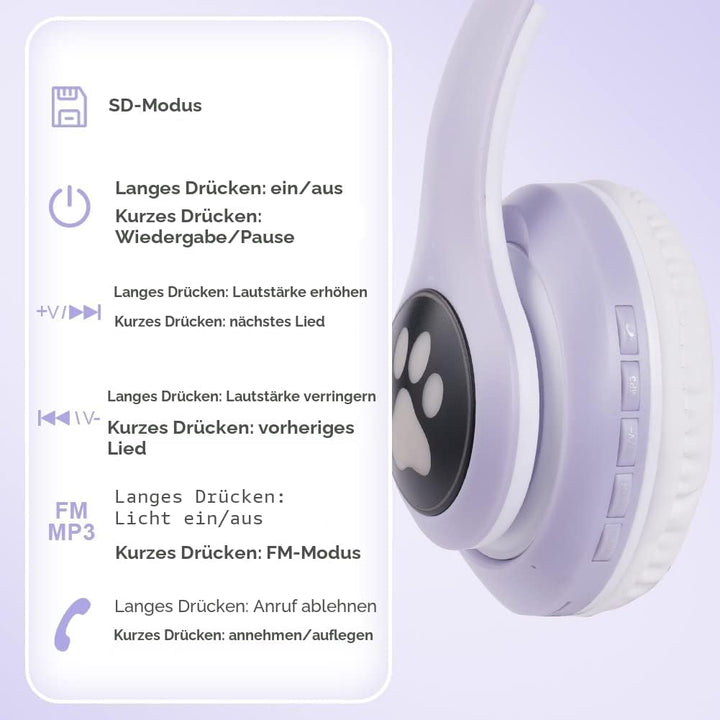 AXFEE Kinderkopfhörer Bluetooth, Katzenohr Over-Ear mit LED-Licht, Faltbar, Stereo, Kabellos mit Mik