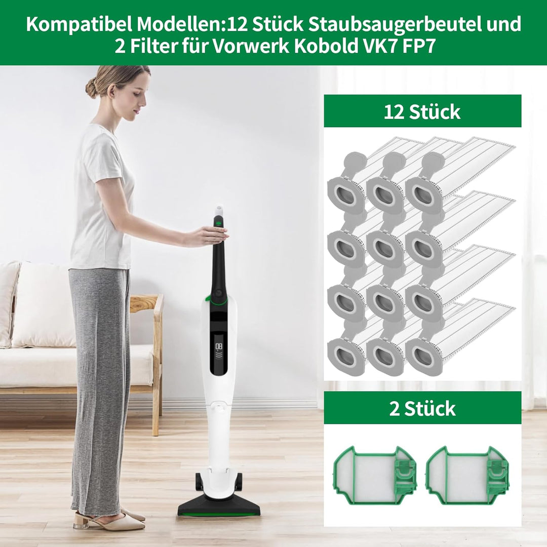 12 Stück Staubsaugerbeutel und 2 Filter für Vorwerk Kobold VK7 FP7 Premium Filtertüten Staubsauger A