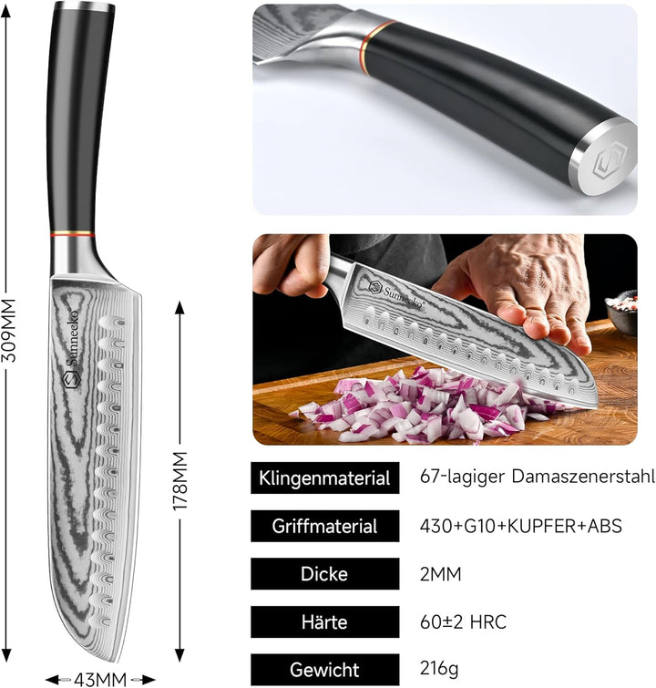 Sunnecko Santoku Messer Damastmesser 17cm, Hochwertiges Küchenmesser aus VG-10 Stahl, Fleischmesser