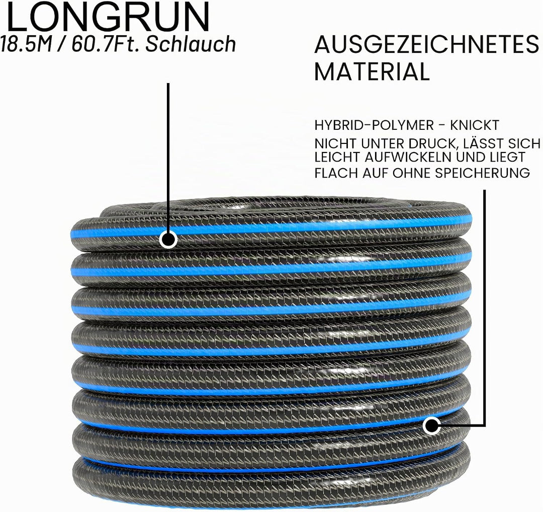 LONGRUN Gartenschlauch Aufroller mit freistehendem Gestell, 18,5M Schlauch und 1M Zulaufschlauch, Ga