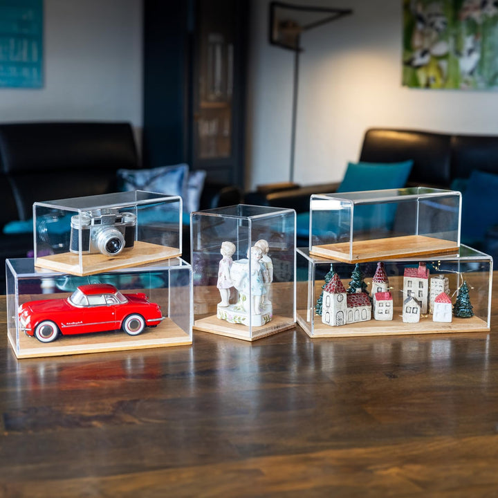 HMF 46872 Acryl Vitrine / Schaukasten mit Holzsockel für Modellautos | 27 x 12 x 11 cm | Transparent