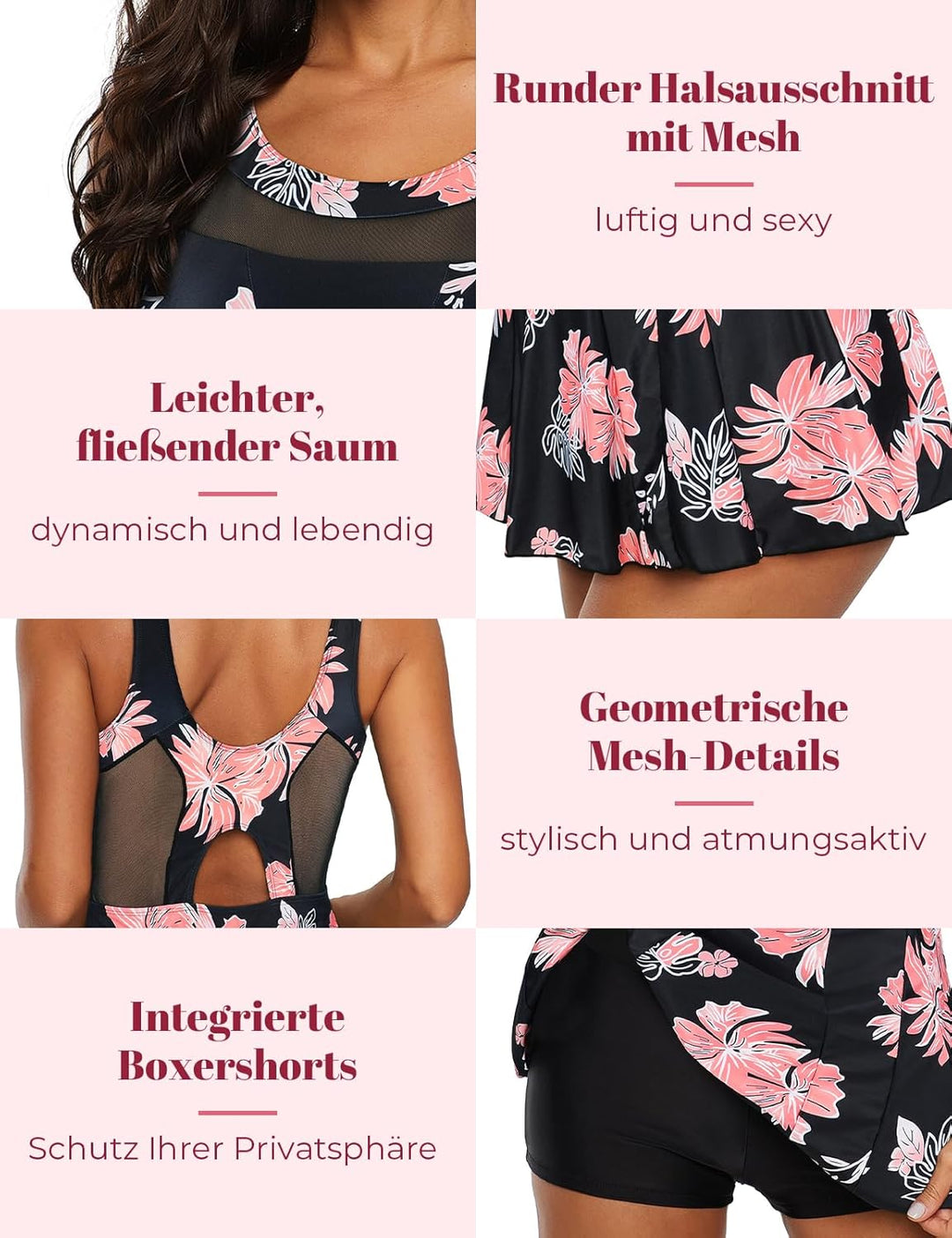 Durio Badekleid Damen Badeanzug Bauchweg Push Up Einteilig Netzstoff Rückenfrei Elegant Bademode mit