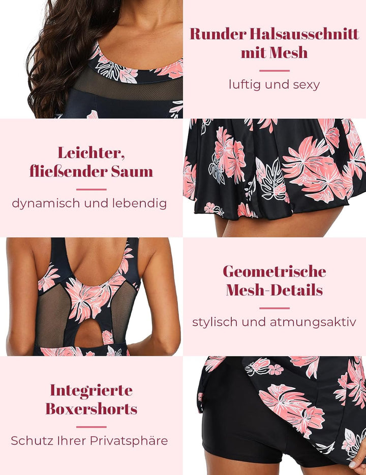 Durio Badekleid Damen Badeanzug Bauchweg Push Up Einteilig Netzstoff Rückenfrei Elegant Bademode mit