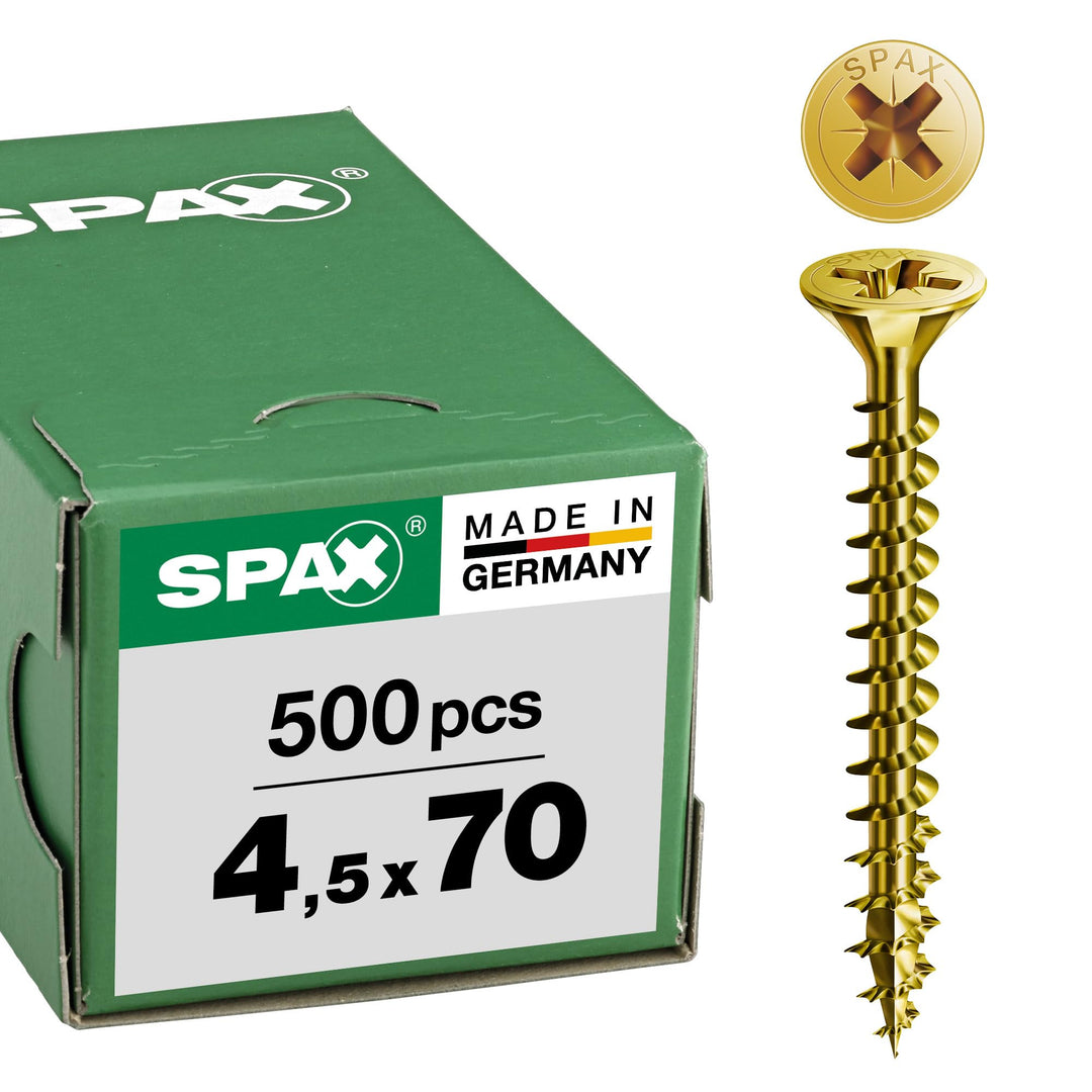 SPAX Universalschraube, 4,5 x 70 mm, 500 Stück, Kreuzschlitz Z2, Senkkopf, Vollgewinde, 4CUT, YELLOX