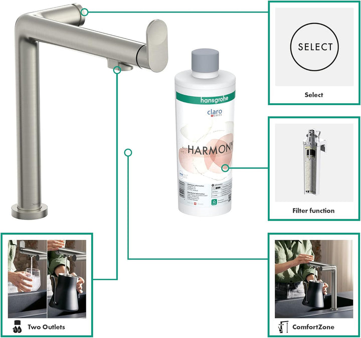 hansgrohe Küchenarmatur Aqittura M91 mit Wasserfilter, 3 Wege Wasserhahn Küche mit Auslauf Höhe 240