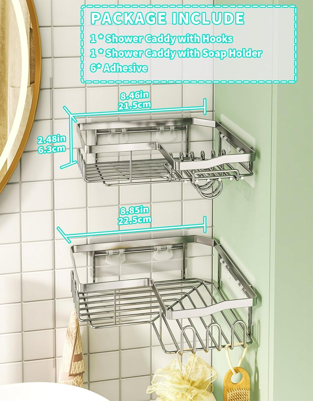 HapiRm Duschablage,Duschablage Ecke Duschregal Ohne Bohren Duschkorb mit 11 Haken Seifenschale und R