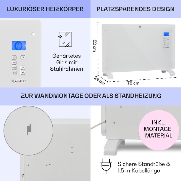Klarstein Elektroheizung, Konvektor-Heizung mit, Mobile Elektroheizung Energiesparend, Leise Heizung