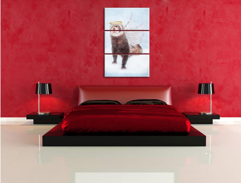 Pixxprint Süsses Frettchen im Engelsköstum Kunst Buntstift Effekt 3-Teiler Leinwandbild 120x80 Bild