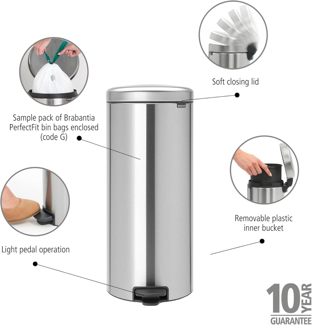 Brabantia Treteimer mit Inneneimer aus Kunststoff, stahl, Matt Stahl, 30 Liter Matt Steel 30 Liter,