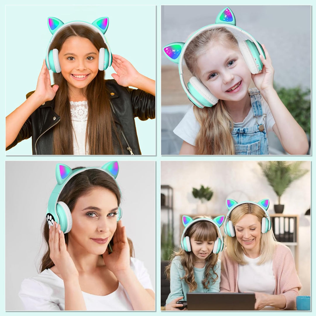 OHAANYY Katzenohr Kopfhörer Kindergeburtstag Geschenke Kind LED Katzenohren Einhorn Bluetooth Kabell