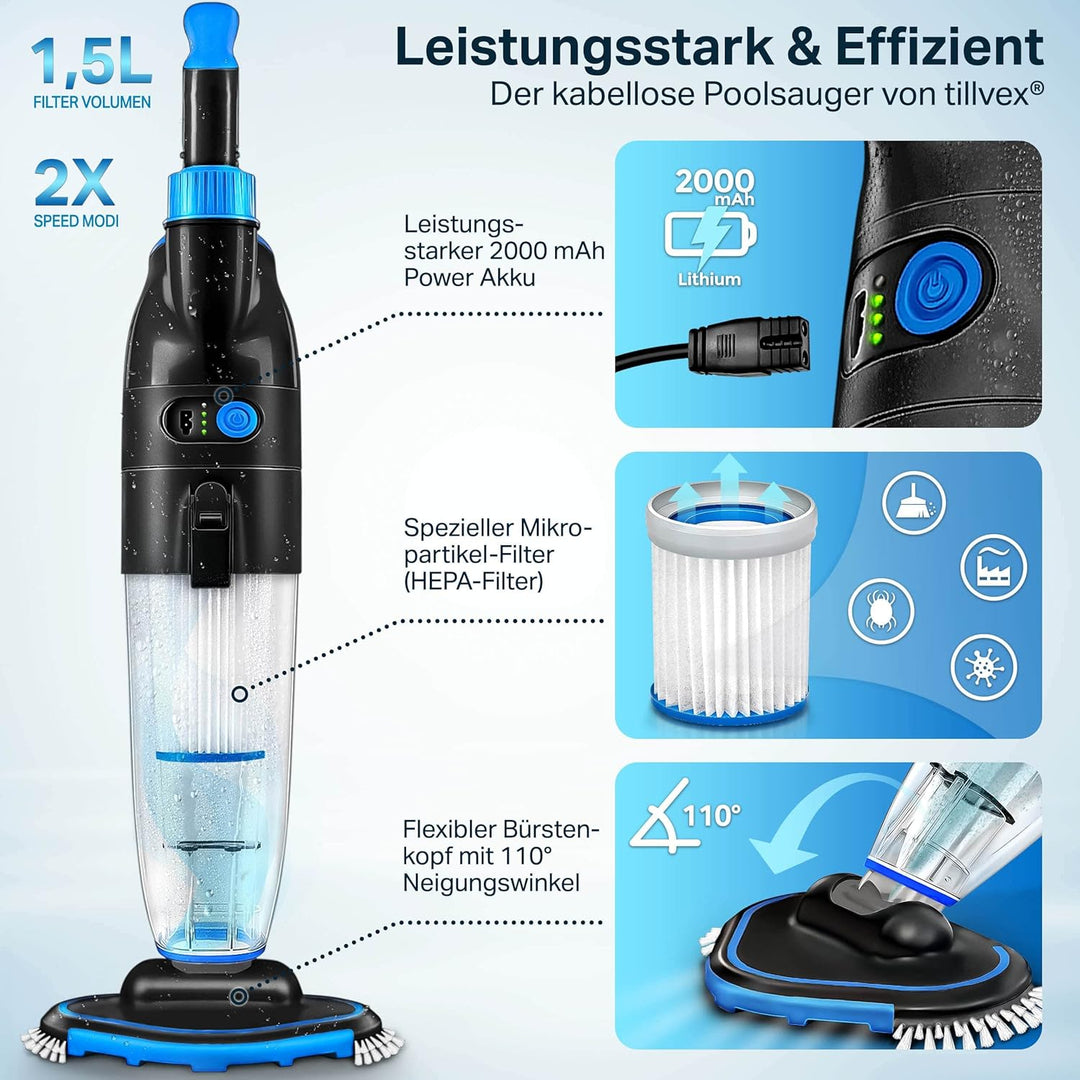 tillvex Poolsauger mit Akku | Pool Bodensauger Teleskopstange elektrisch | Poolreiniger mit Filter &