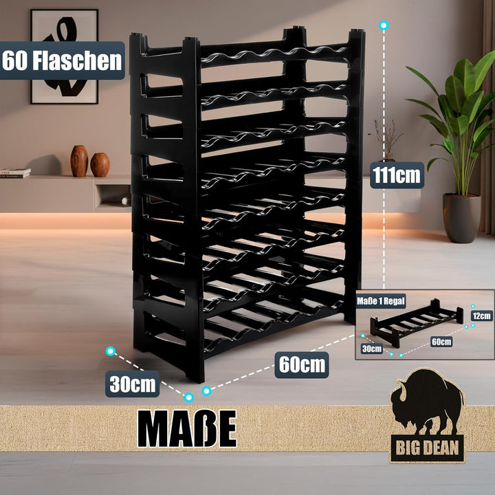 BigDean Flaschenregal stapelbar für 60 Flaschen Weinregal aus Kunststoff | Farbe Schwarz, Getränkere