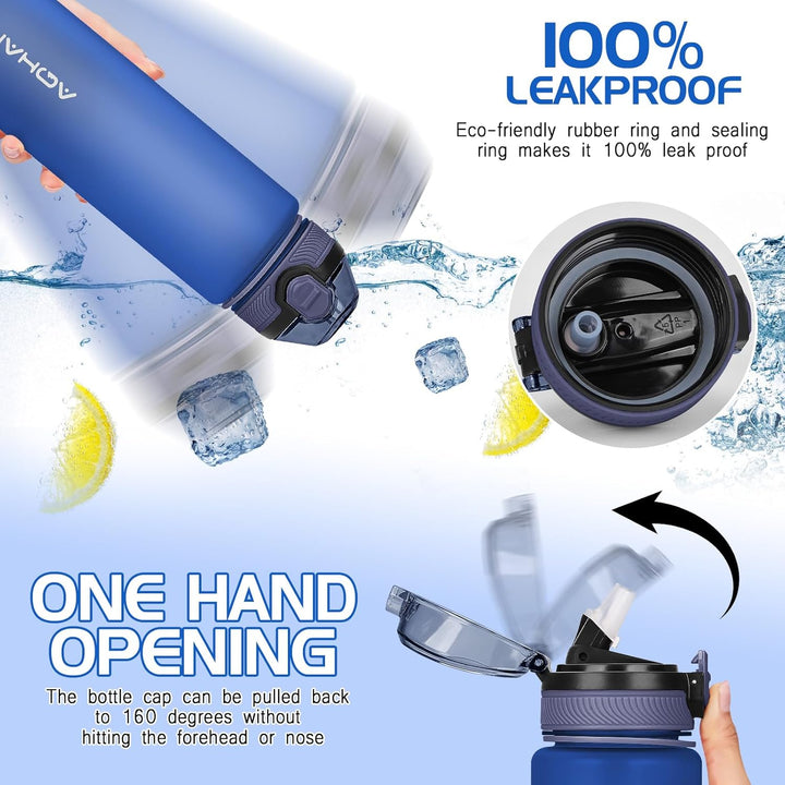AOHAN Trinkflasche 1L mit auslaufsicherem Klappdeckel, BPA freie Sport Trinkflasche mit Stroh, Wasse