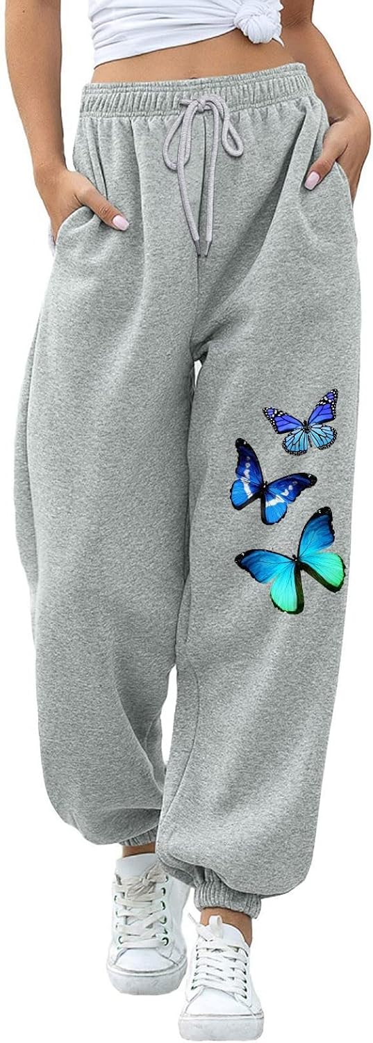 Jogginghose Damen, Damen Jogginghose Lang High Waist Trainingshose mit Taschen Schmetterling Drucken