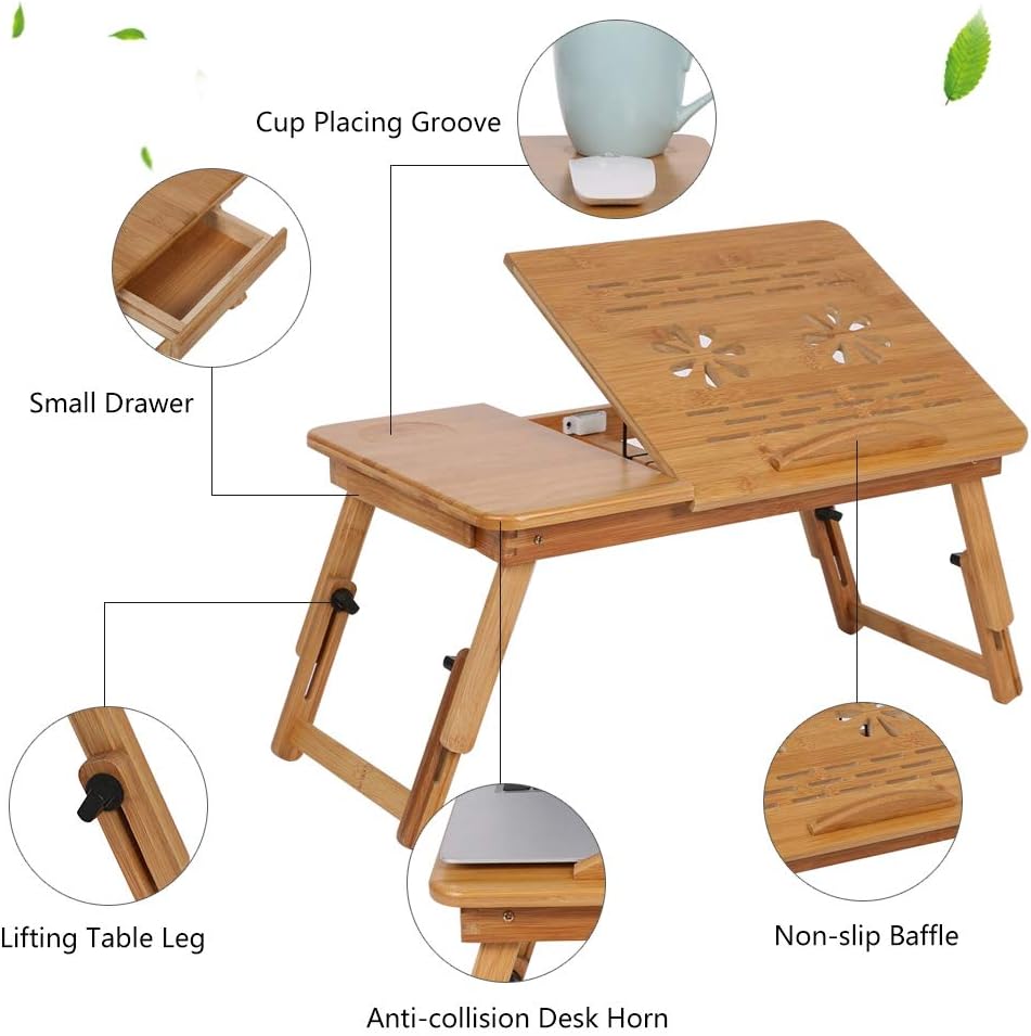 Laptop-Tisch aus Bambus, klappbar, tragbar, Bett, Computer, verstellbar, mit Schublade, Schreibtisch