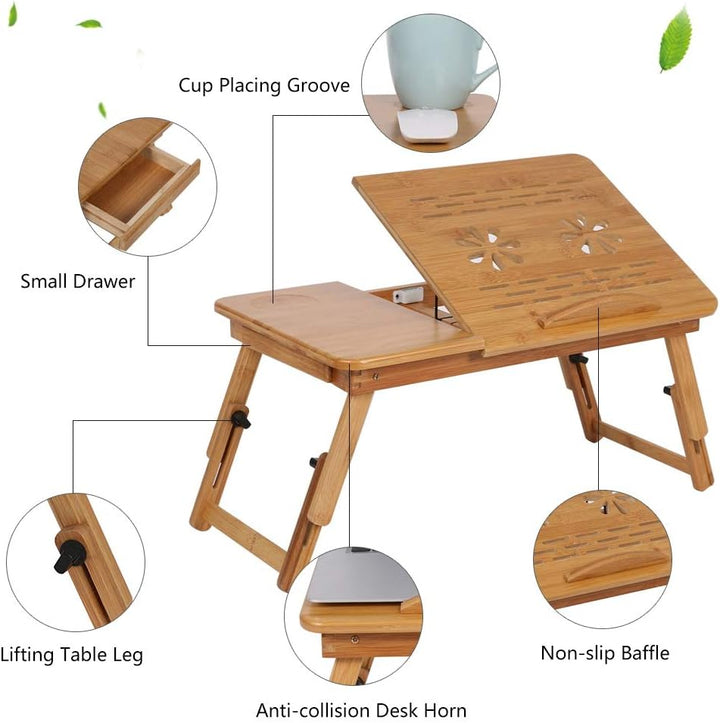 Laptop-Tisch aus Bambus, klappbar, tragbar, Bett, Computer, verstellbar, mit Schublade, Schreibtisch