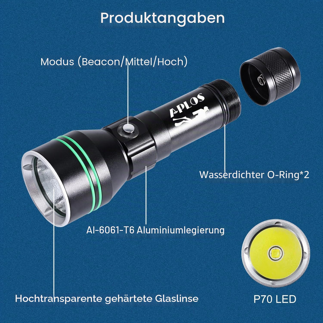 APLOS AP50 Tauchen Taschenlampe 5000 Lumens, Superhelle Professionelle Tauchlampe, IPX8 Wasserdicht