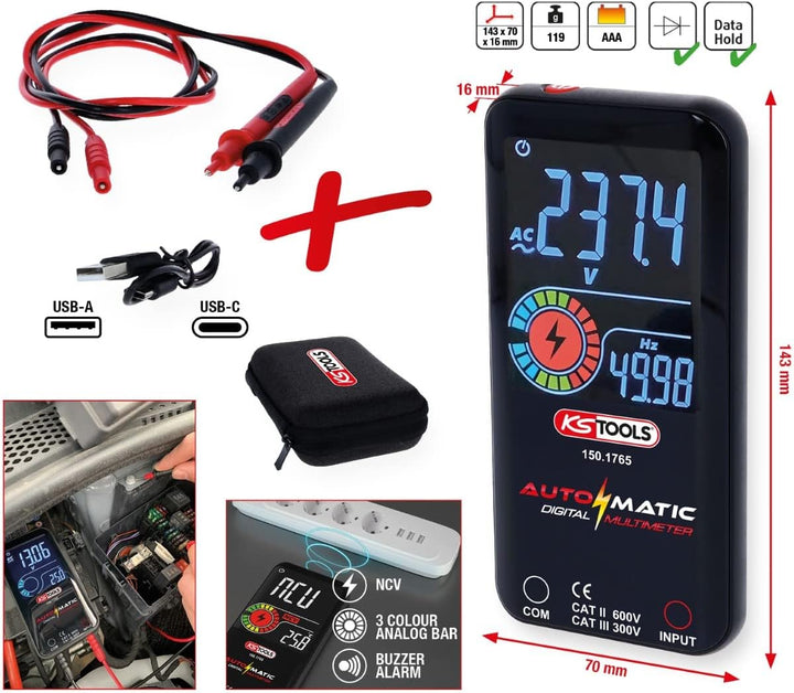 KS Tools 150.1765 Automatik Digital-Multimeter inkl. Prüfspitzen, Rot-schwarz
