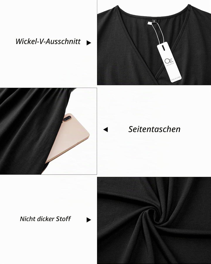 OUGES Kleid Damen Kurzarm/Langarm Winterkleid V-Ausschnitt Casual Midi Freizeitkleid mit Taschen S S