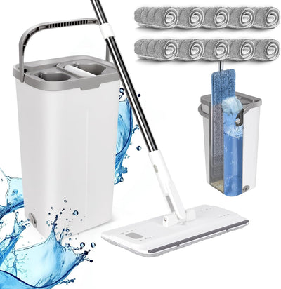 MASTERTOP Wischmopp Set mit Eimer, Flach Bodenwischer mit 140cm Verstellbarer Griff und 10 Mikrofase