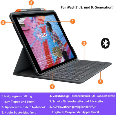 Logitech Slim Folio für iPad (7., 8. und 9. Generation) Tastatur-Case mit integrierter kabelloser Ta