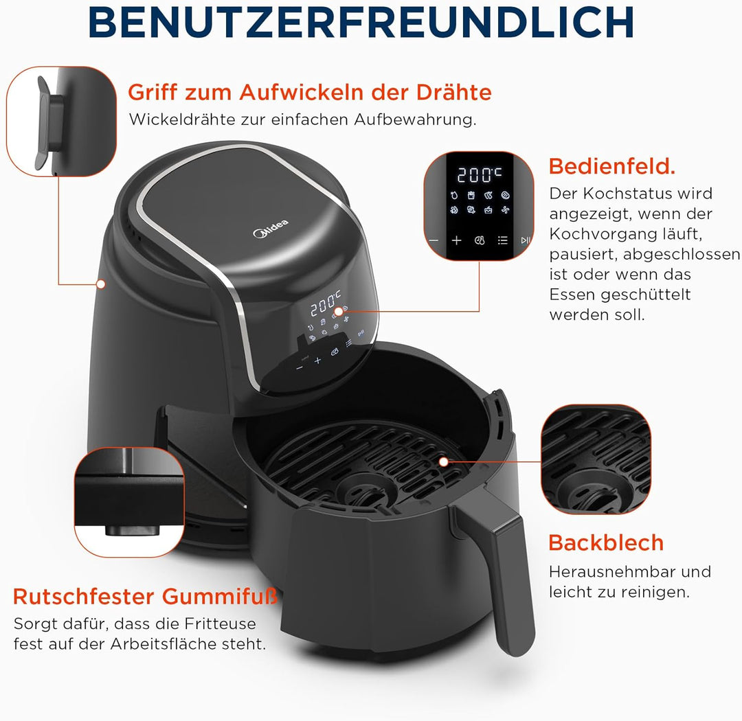 Midea Heissluftfritteuse 4L XL Air Fryer mit LED-Touchscreen, [35-200°C|8 Kochfunktionen|Spülmaschin