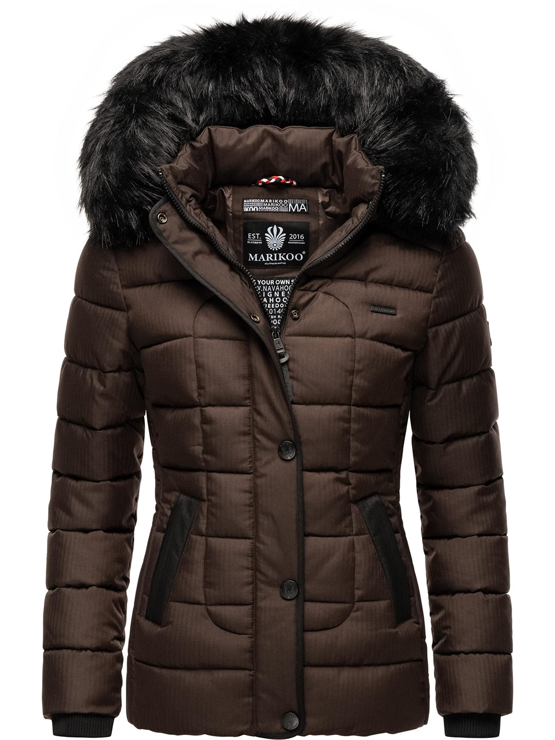 MARIKOO Damen warme Winter Steppjacke mit Kapuze Unique XS-XXL XS Dark Choco, XS Dark Choco