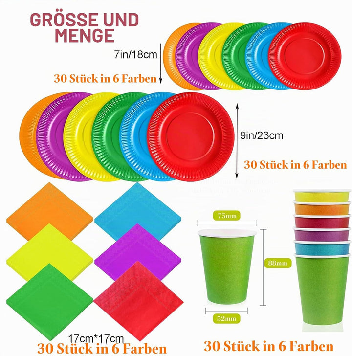 30 PCS + 90 Buntes Partygeschirr-Set in Regenbogenfarben, DIY Bunt Pappteller Bunt Party Pappteller,