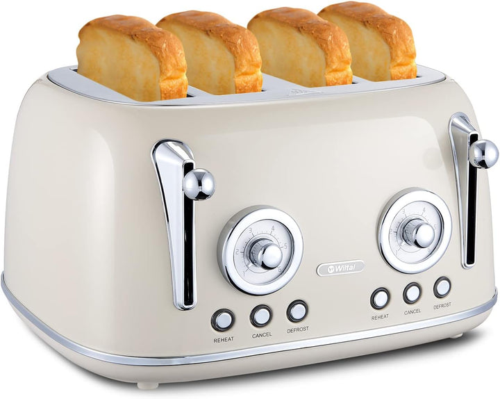 Wiltal Toaster 4 Scheiben, Toaster Langschlitz, Edelstahl Gehäuse, mit Integrierten Brötchenaufsatz,