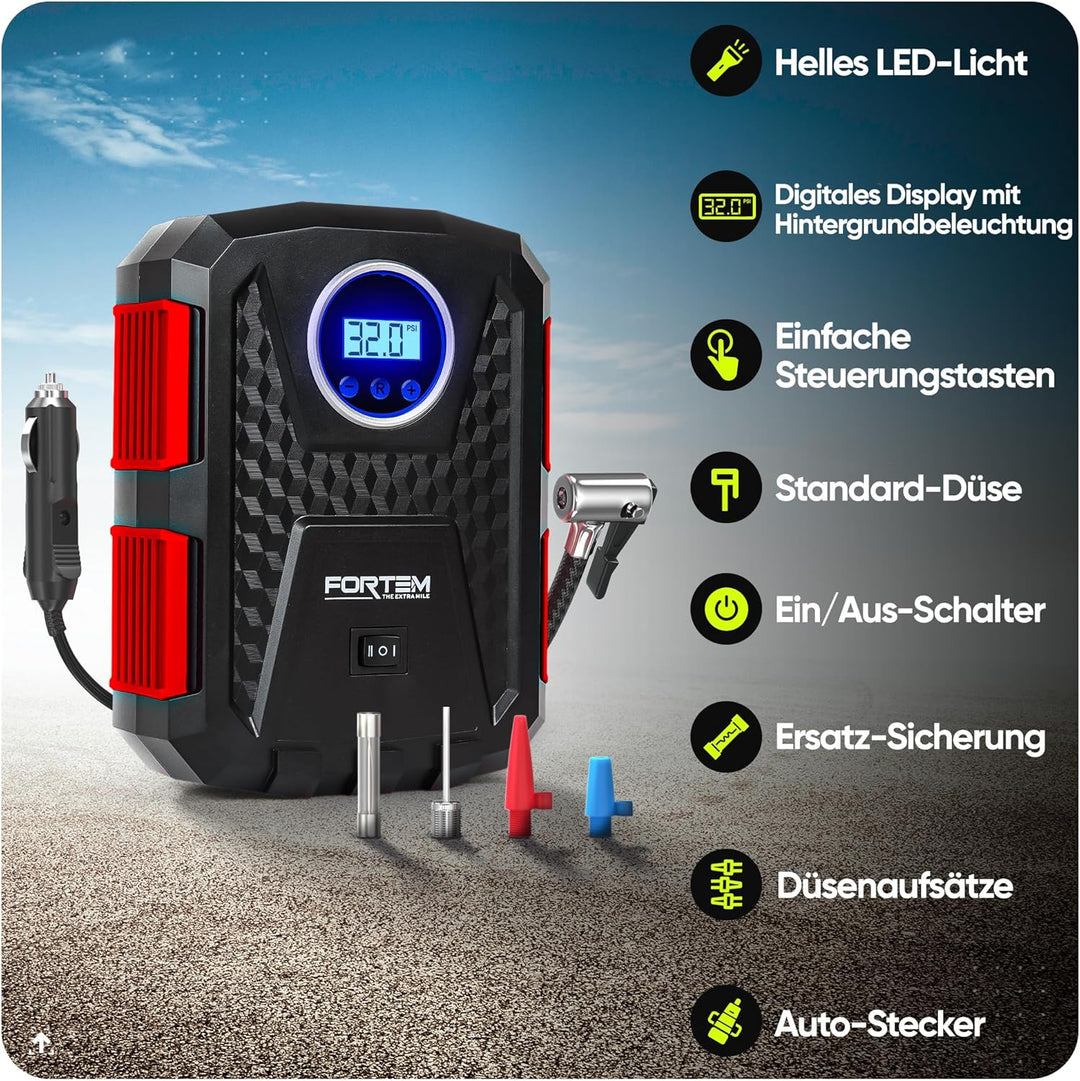 FORTEM Tragbarer Kompressor Autoreifen, Kompressor Fahrrad, 12V Autoreifen Pumpe und Fahrradpumpe El
