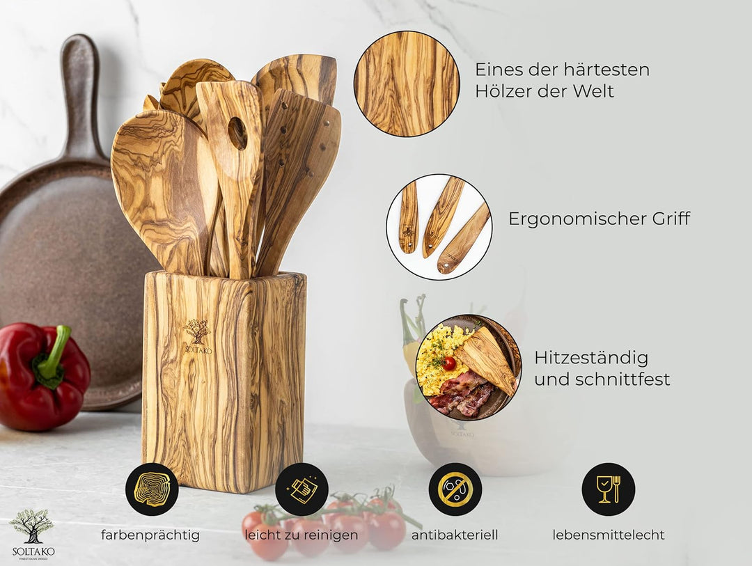 SOLTAKO Olivenholz Löffel Besteck Kochlöffel Reislöffel Spatel Schöpfkelle Salatbesteck Salatlöffel