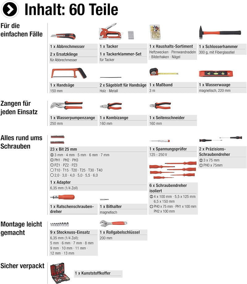 Meister Haushaltskoffer 60-teilig - Werkzeug-Set - Werkzeug für den täglichen Gebrauch / Werkzeugkof