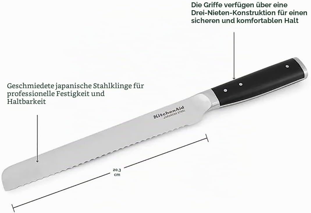 KitchenAid Gourmet Brotmesser, scharfe Klinge aus hochwertigem japanischem Kohlenstoffstahl, Schwarz